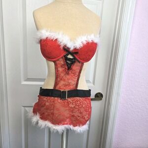 Spencer's Sexy Santa Red Lace Lingerie Feather Trim Size S Strapless Push-up